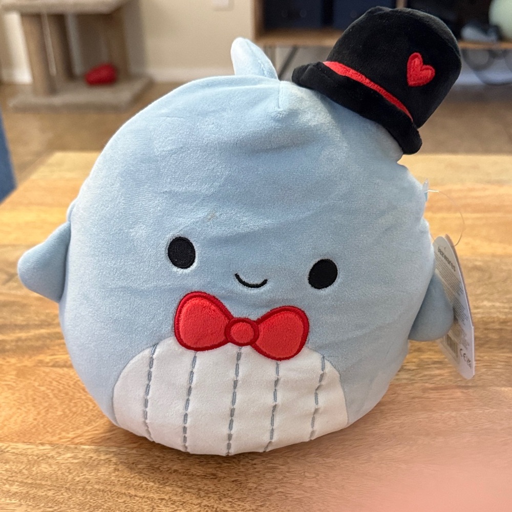 Squishmallows “Samir” Blue Fish with Red Bow Tie and Black Hat